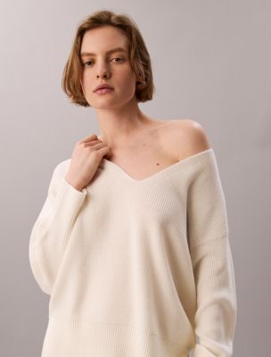 Женский свитер Calvin Klein Wool Blend V-Neck, цвет: Молочный — фото 6