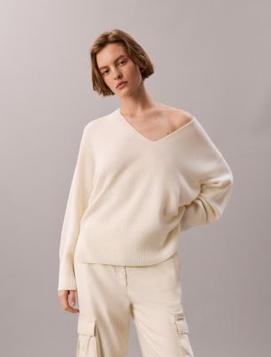 Женский свитер Calvin Klein Wool Blend V-Neck, цвет: Молочный — фото 1
