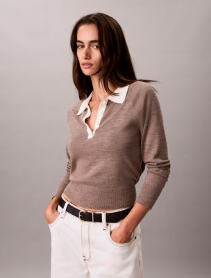 Extra Fine Merino Blend Polo Sweater, Camel Melange
