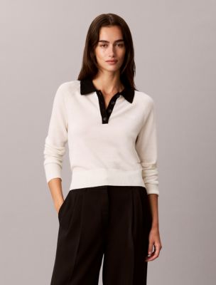 Женский свитер Calvin Klein Extra Fine Merino Blend Polo Sweater, цвет: Состаренный белый — фото 3