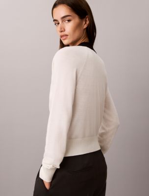 Женский свитер Calvin Klein Extra Fine Merino Blend Polo Sweater, цвет: Состаренный белый — фото 4