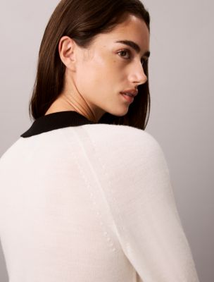 Женский свитер Calvin Klein Extra Fine Merino Blend Polo Sweater, цвет: Состаренный белый — фото 5