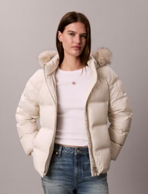 Matte Belted Short Puffer Jacket, Chalk