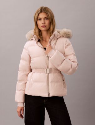 Matte Belted Short Puffer Jacket, Modesty