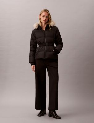 Matte Belted Short Puffer Jacket, Black