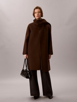 Wool Blend Scarf Coat, Brown Cork