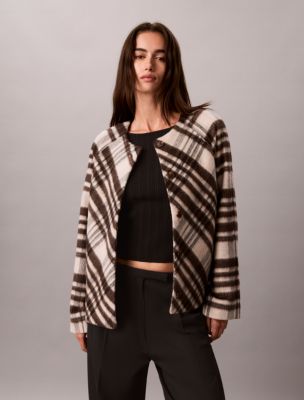 Mohair Plaid Cardigan Jacket, Marshmallow Plaid