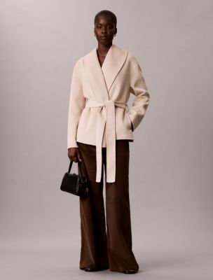 Shawl Wool Blend Hip Coat, Beige Heather