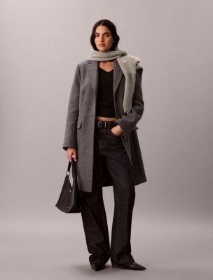 Tailored Single Breasted Wool Blend Coat, Grey Heather