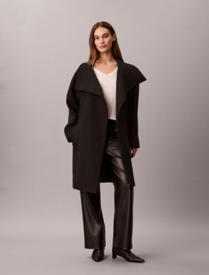 Wool Blend Funnel Neck Coat, Black