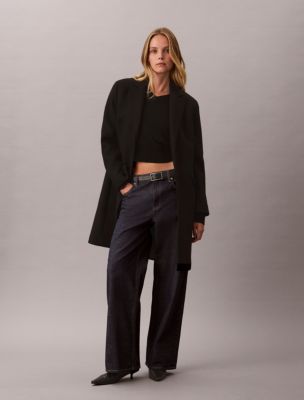 Tailored Wool Blend Single Breasted Coat, Black