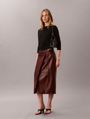 Faux Leather Midi Wrap Skirt, Red Mahogany