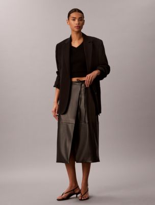 Faux Leather Midi Wrap Skirt, Black