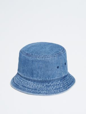 Washed Denim Embroidered Logo Bucket Hat, Blue Denim