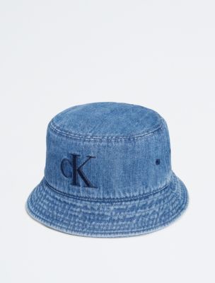 Washed Denim Embroidered Logo Bucket Hat, Blue Denim