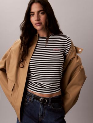 Contour Rib Logo Graphic Slim T-Shirt, Black Stripes