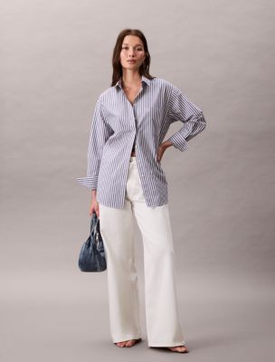 Cotton Poplin Stripe Relaxed Button-Down Shirt , Blue / White Stripe