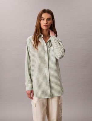 Cotton Poplin Stripe Relaxed Button-Down Shirt , Shale Green Stripe