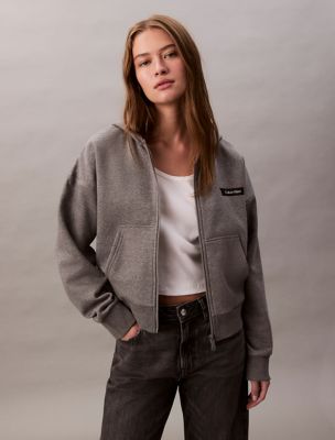 Fleece Logo Relaxed Zip Hoodie, Grey Heather