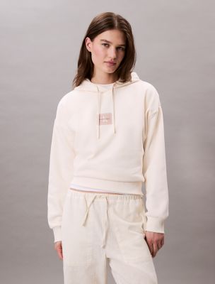 Fleece Logo Patch Cropped Hoodie, Antique White