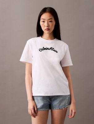 Calvin Klein Felt Logo Script Classic Tee, Brilliant White