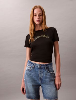 Slim Cotton Modal Foil Logo Tee, Black