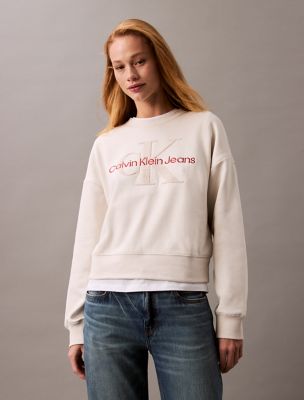 Chenille Monogram Logo Fleece Crewneck Sweatshirt, Chalk