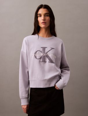 Chenille Monogram Logo Fleece Crewneck Sweatshirt, Lilac Gray