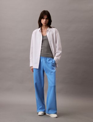 Monogram Logo Fleece Wide Leg Sweatpants, Silver Lake Blue