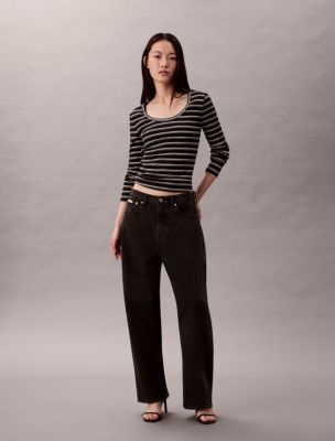 Cotton Contour Rib U-Neck Tee, Black Stripe
