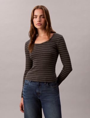 Cotton Contour Rib U-Neck Tee, Gunmetal Heather