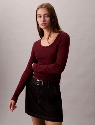 Cotton Contour Rib U-Neck Tee, Deep Rouge