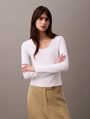 Cotton Contour Rib U-Neck Tee, Brilliant White