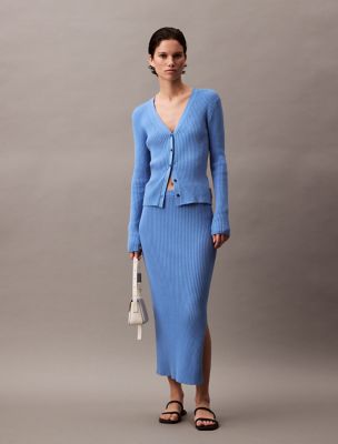 Smooth Cotton Rib Midi Skirt, Silver Lake Blue