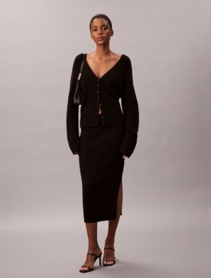 Smooth Cotton Rib Midi Skirt, Black