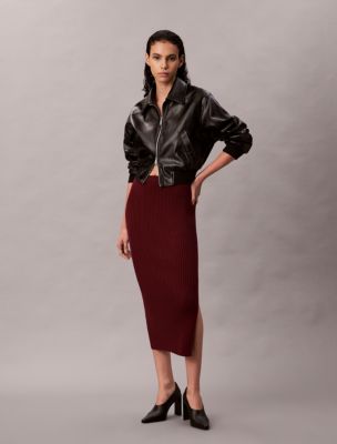 Smooth Cotton Rib Midi Skirt, Deep Rouge