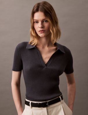 Smooth Cotton Rib Sweater Polo Shirt, Ebony