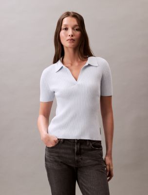 Smooth Cotton Rib Stripe Polo Shirt, Plein Air
