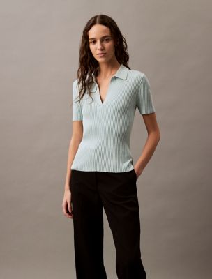 Smooth Cotton Rib Sweater Polo Shirt, Blue Haze