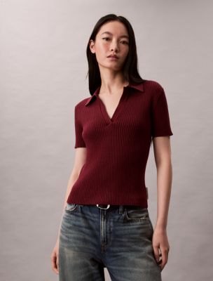 Smooth Cotton Rib Sweater Polo, Deep Rouge