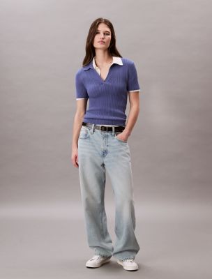Smooth Cotton Rib Sweater Polo Shirt, Gray Blue