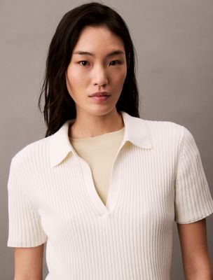 Smooth Cotton Rib Sweater Polo Shirt, Tofu
