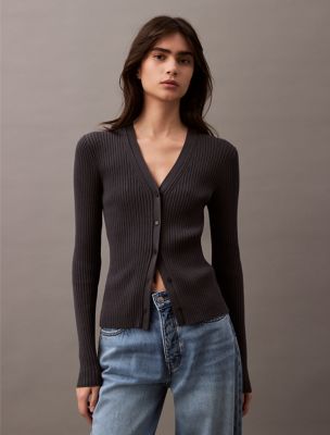 Smooth Cotton Rib Sweater Cardigan, Ebony