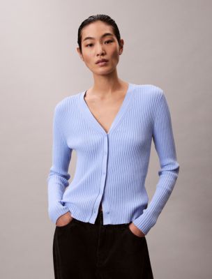 Smooth Cotton Variegated Rib Sweater Cardigan, Moderate Blue 