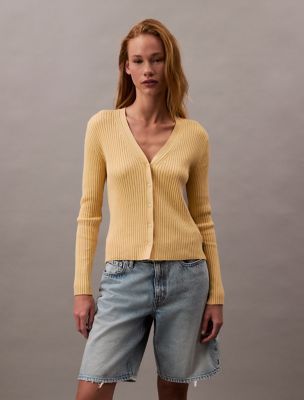 Smooth Cotton Rib Sweater Cardigan, Sahara Sun