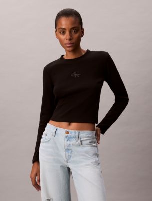 Monologo Long Sleeve Baby Tee, Black