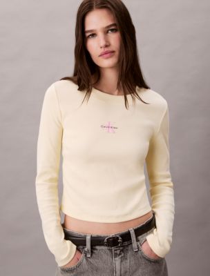 Monogram Logo Long Sleeve Baby Tee, Pear Sorbet