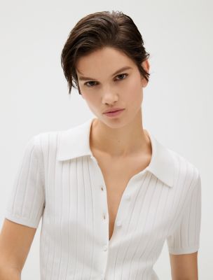 Ribbed Crop Polo Sweater, Brilliant White