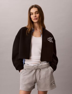 Smooth Cropped Relaxed Bomber Jacket, Black