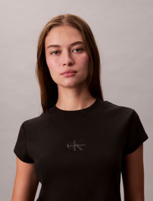 Tシャツ・カットソー ^ ^ Here Black Monogram Baby T-Shirt 47AB802 UB1 Monogram Logo Ribbed Baby Tee | Calvin Klein